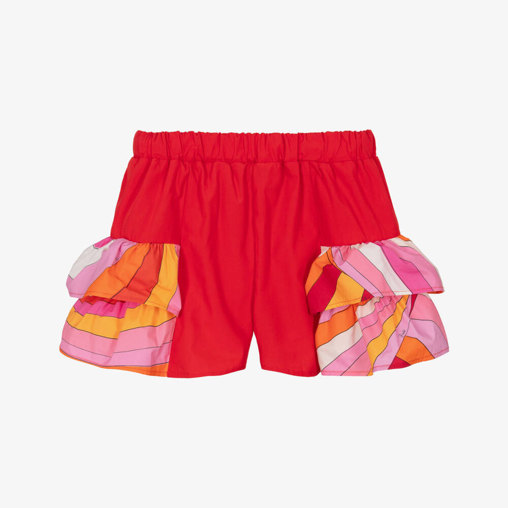 PUCCI-شورت قطن بطبعة أوندي لون أحمر وبرتقالي للبنات | Childrensalon