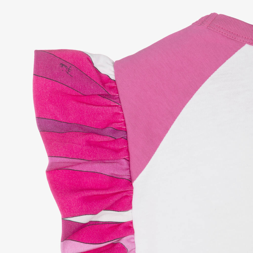 PUCCI-Girls White Cotton Dress with Fish Motif & Marmo Frills | Childrensalon