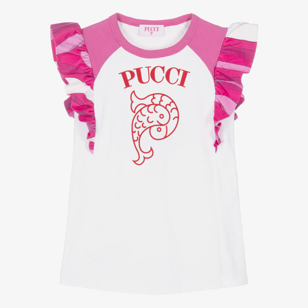 PUCCI-Girls White Cotton Dress with Fish Motif & Marmo Frills | Childrensalon