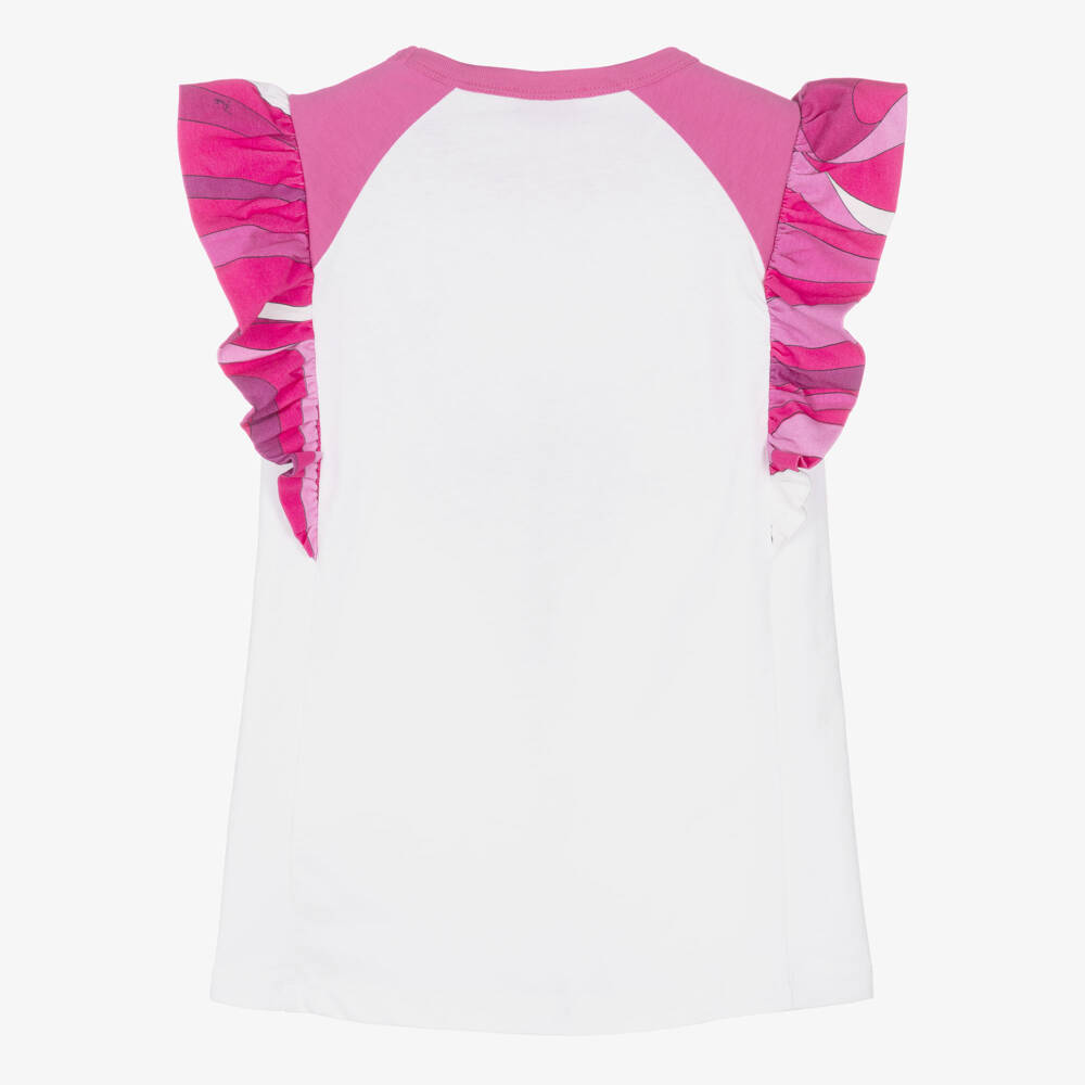 PUCCI-Girls White Cotton Dress with Fish Motif & Marmo Frills | Childrensalon