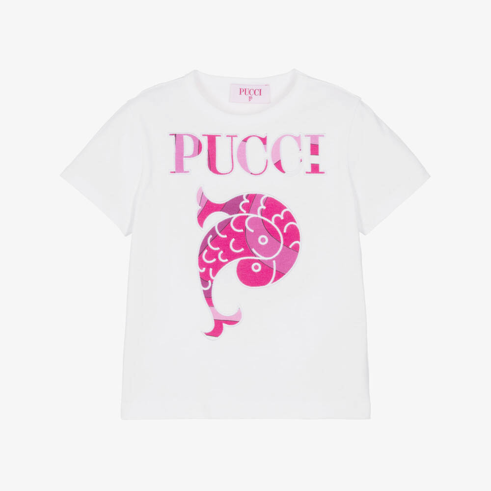 PUCCI-Girls White Cotton Embroidered Fish Motif T-Shirt | Childrensalon