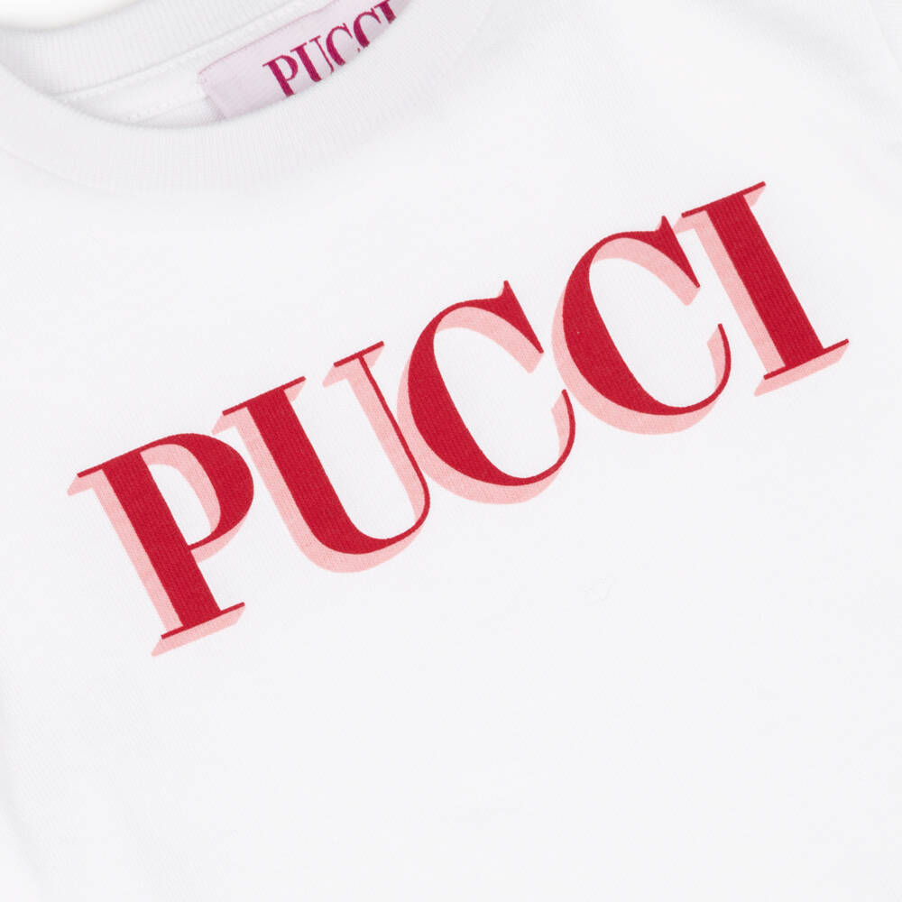 PUCCI-Girls White Cotton Long Sleeved Top with Pink Logo Print | Childrensalon
