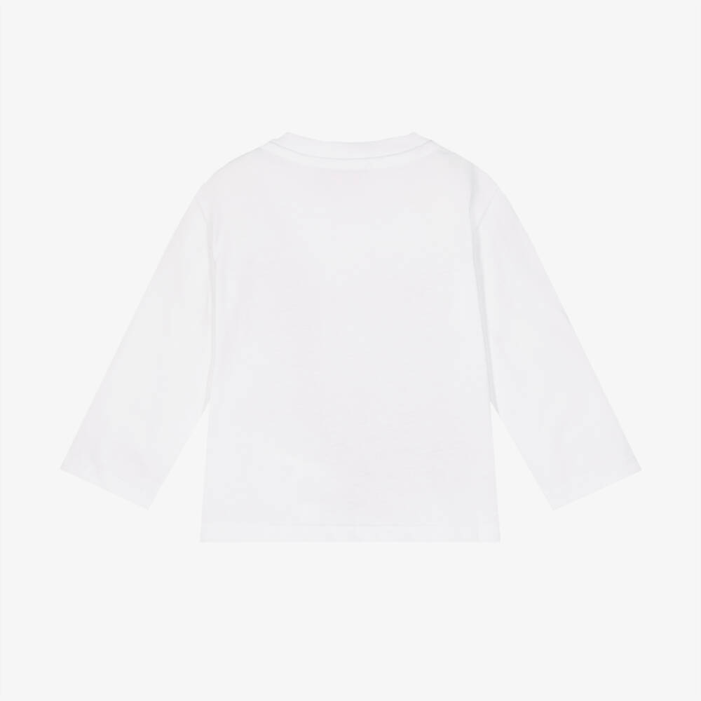 PUCCI-Girls White Cotton Long Sleeved Top with Pink Logo Print | Childrensalon