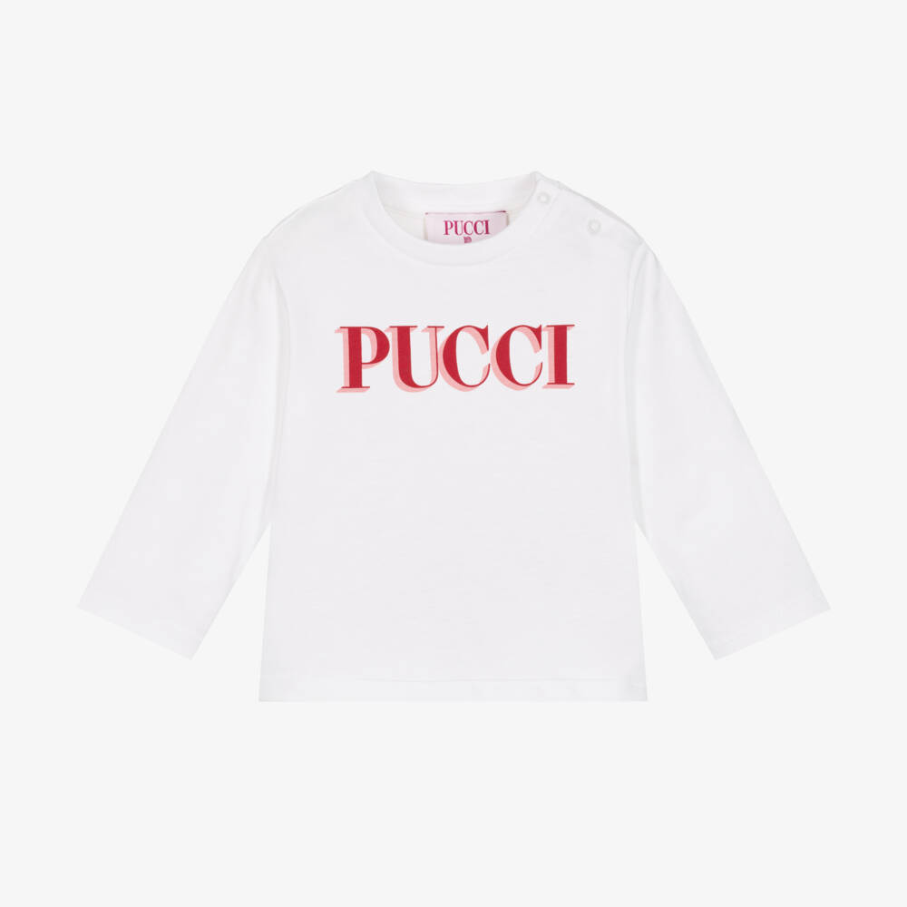 PUCCI-Girls White Cotton Long Sleeved Top with Pink Logo Print | Childrensalon