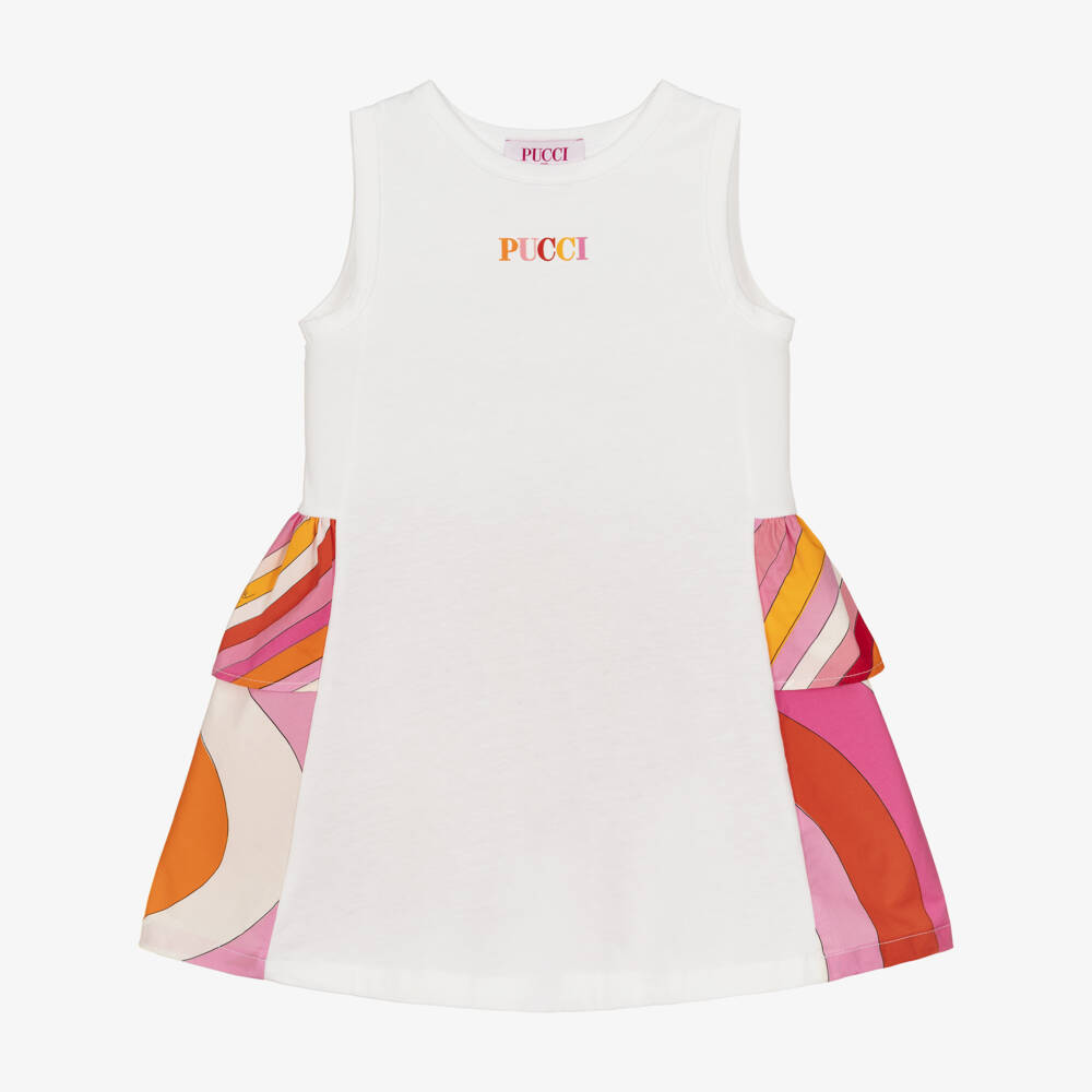 PUCCI-Girls White Cotton Sleeveless Dress with Iride Print | Childrensalon