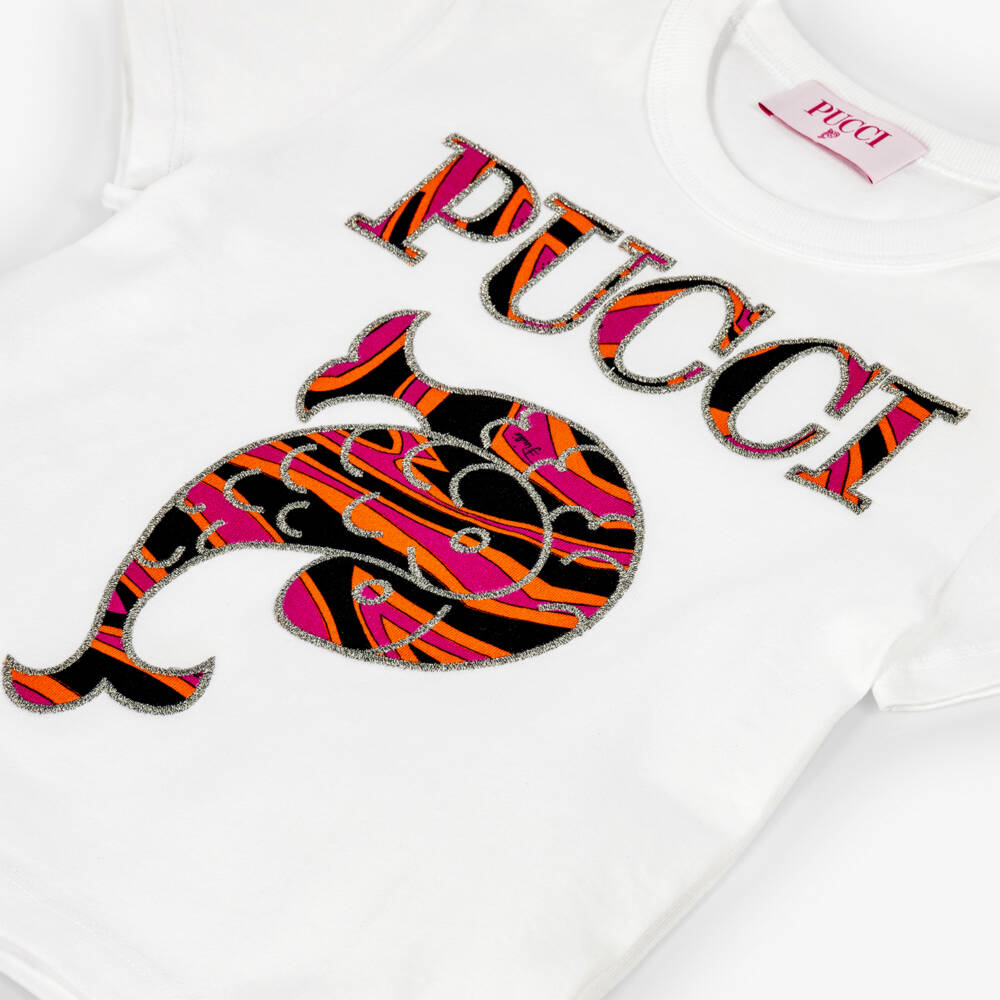 PUCCI-Girls White Cotton T-Shirt with Fish Motif | Childrensalon