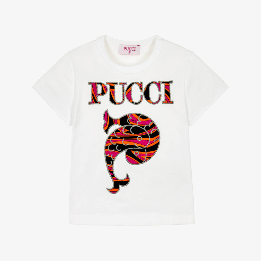 PUCCI-Girls White Cotton T-Shirt with Fish Motif | Childrensalon