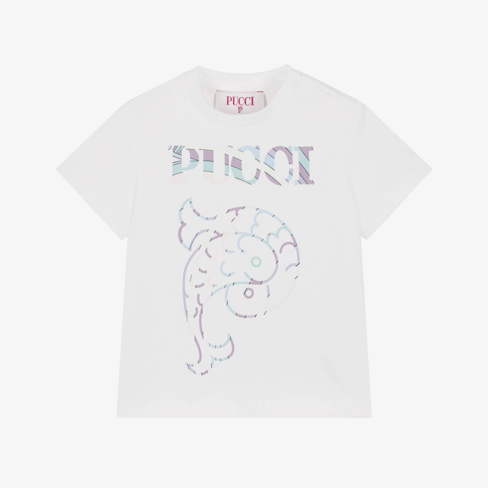 PUCCI-Girls White Cotton T-Shirt with Fish Motif | Childrensalon