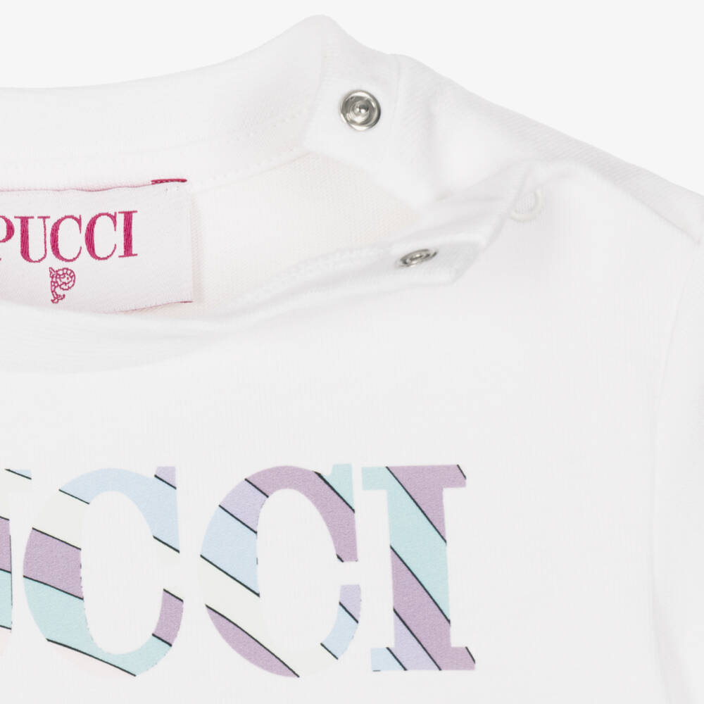 PUCCI-Girls White Cotton T-Shirt with Fish Motif | Childrensalon