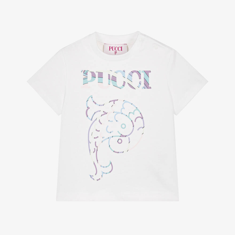 PUCCI-Girls White Cotton T-Shirt with Fish Motif | Childrensalon