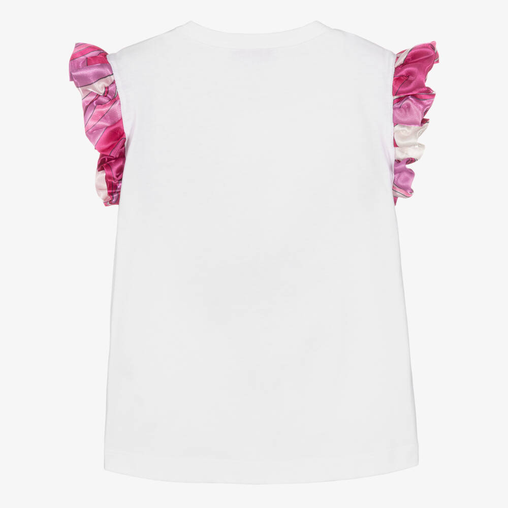 PUCCI-Girls White Cotton T-Shirt with Marmo Print Sleeves | Childrensalon