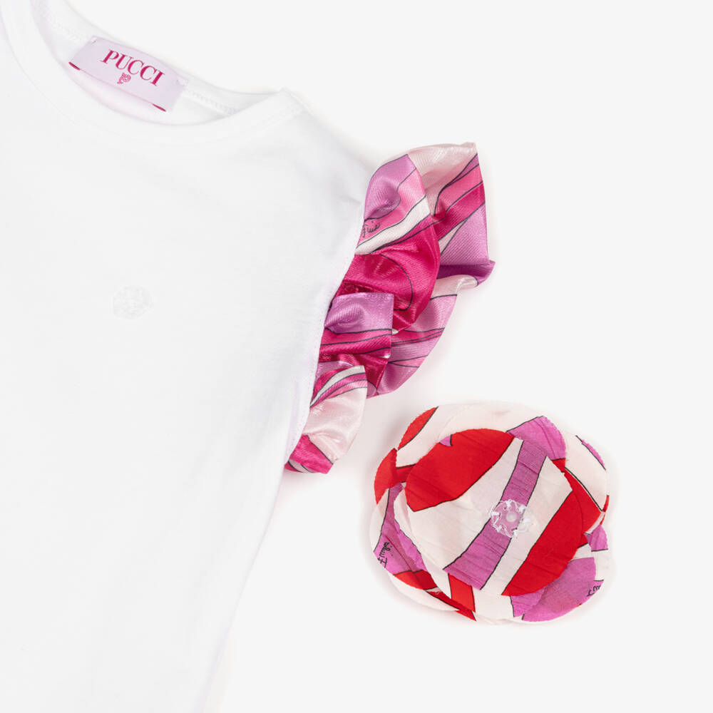 PUCCI-Girls White Cotton T-Shirt with Marmo Print Sleeves | Childrensalon