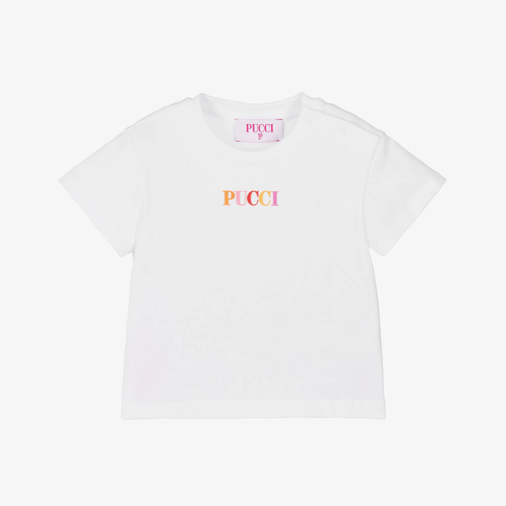 PUCCI-Girls White Cotton T-Shirt with Orange & Pink Iride Trim | Childrensalon