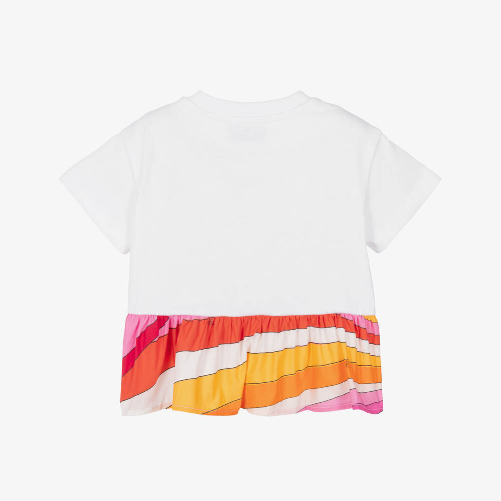 PUCCI-Girls White Cotton T-Shirt with Orange & Pink Iride Trim | Childrensalon