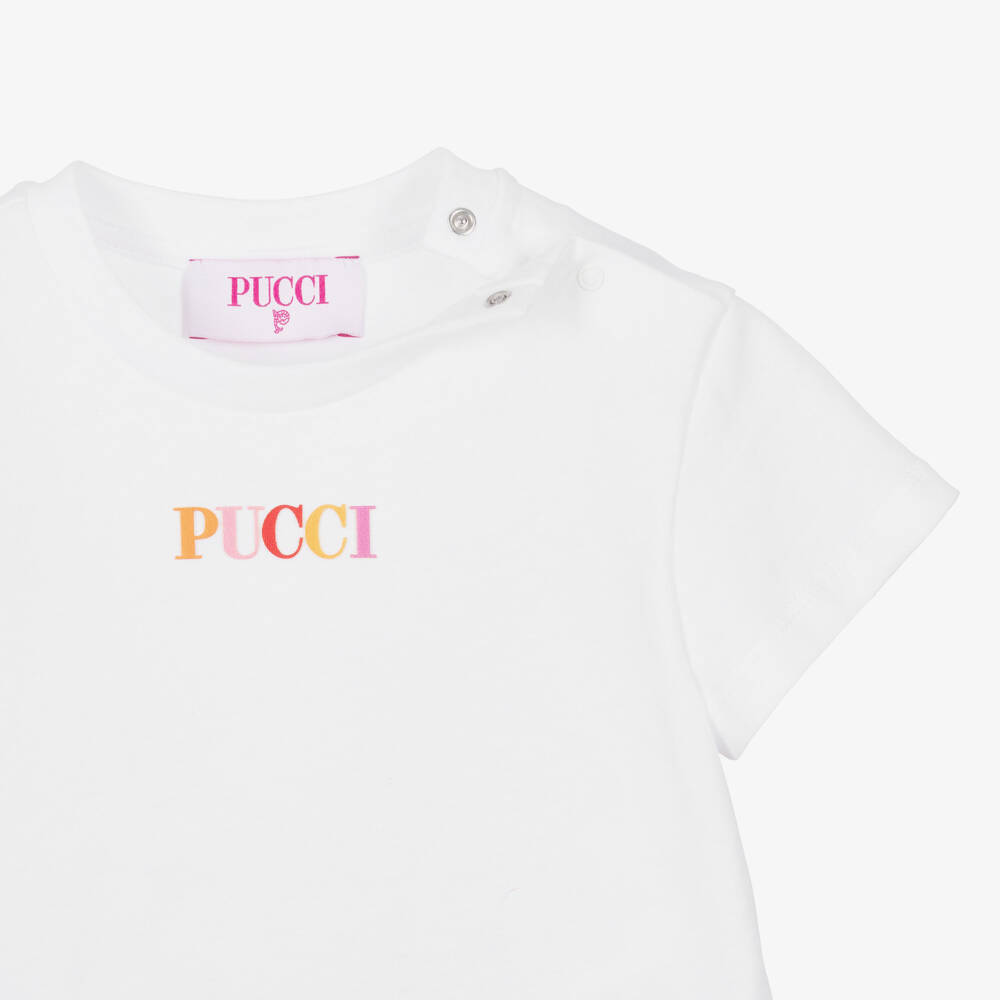 PUCCI-Girls White Cotton T-Shirt with Orange & Pink Iride Trim | Childrensalon