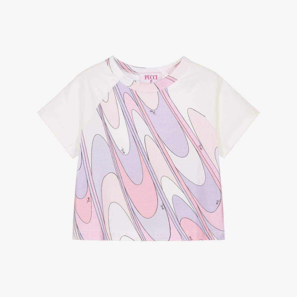 PUCCI-Girls White Cotton T-shirt with Pink & Lilac Marmo Print | Childrensalon
