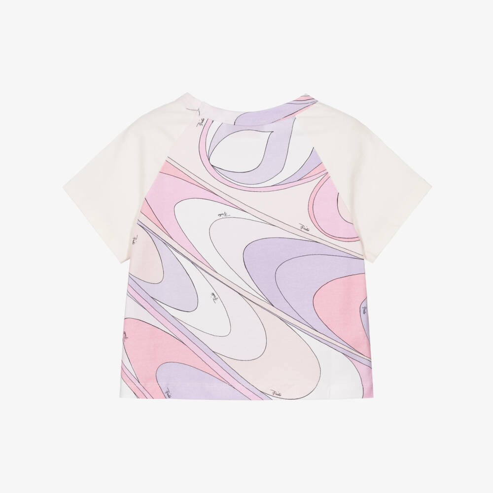 PUCCI-Girls White Cotton T-shirt with Pink & Lilac Marmo Print | Childrensalon