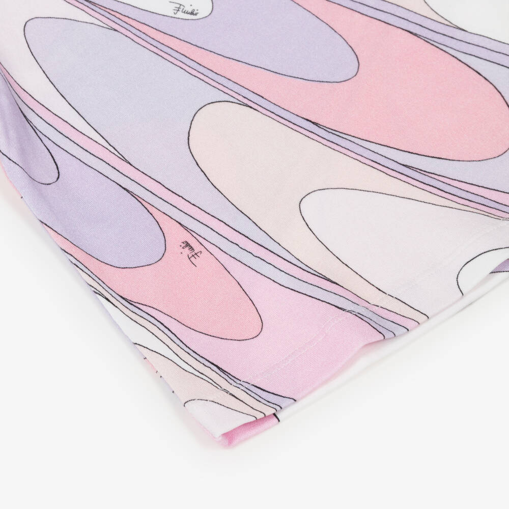 PUCCI-Girls White Cotton T-shirt with Pink & Lilac Marmo Print | Childrensalon