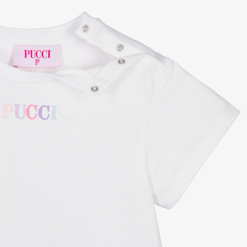 PUCCI-Girls White & Pink Cotton Jersey Onde Print Dress  | Childrensalon