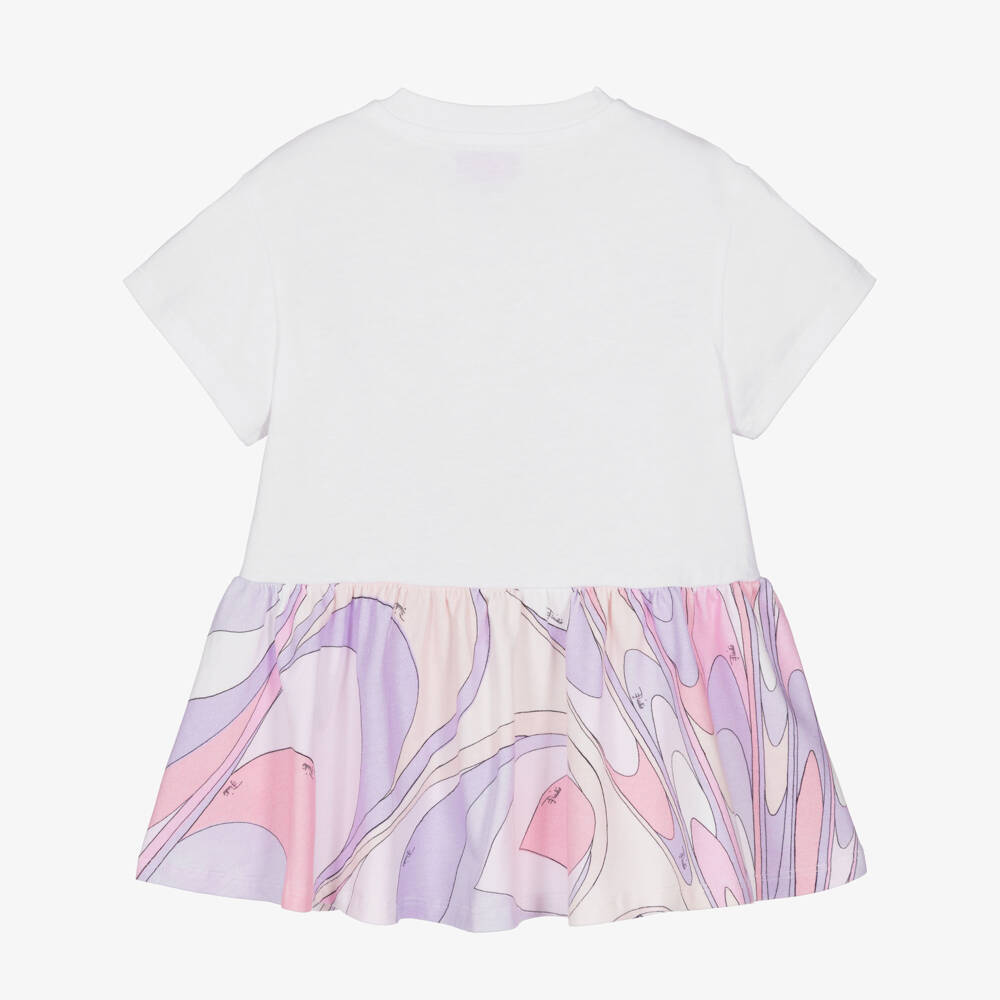 PUCCI-Girls White & Pink Cotton Jersey Onde Print Dress  | Childrensalon