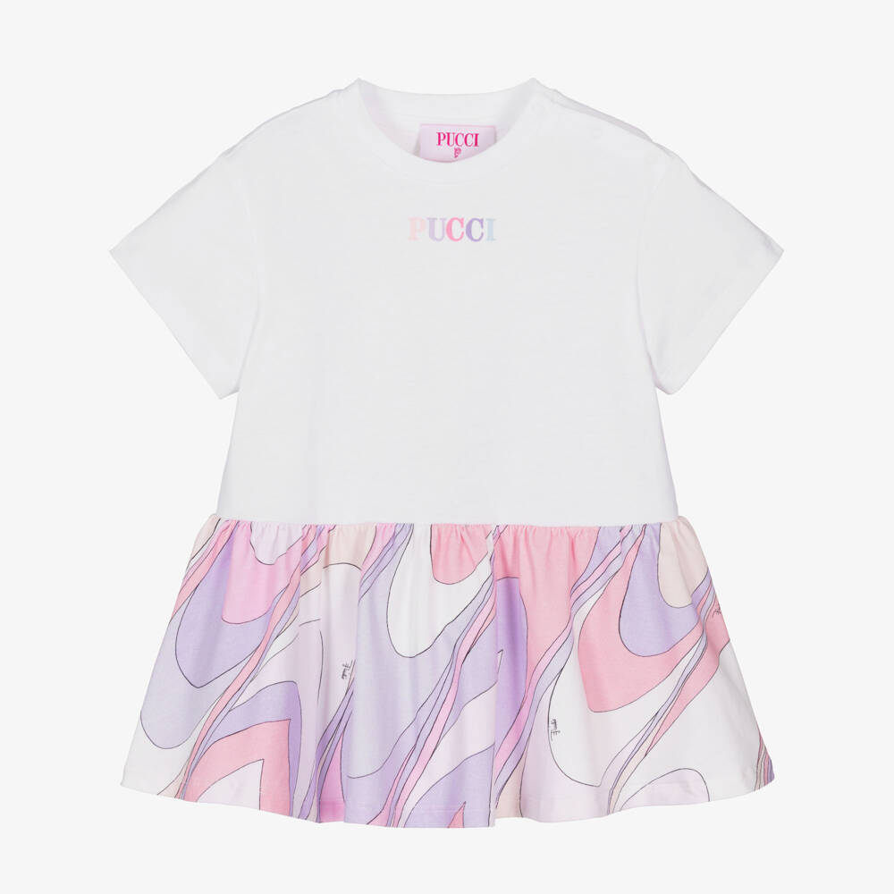 PUCCI-Girls White & Pink Cotton Jersey Onde Print Dress  | Childrensalon