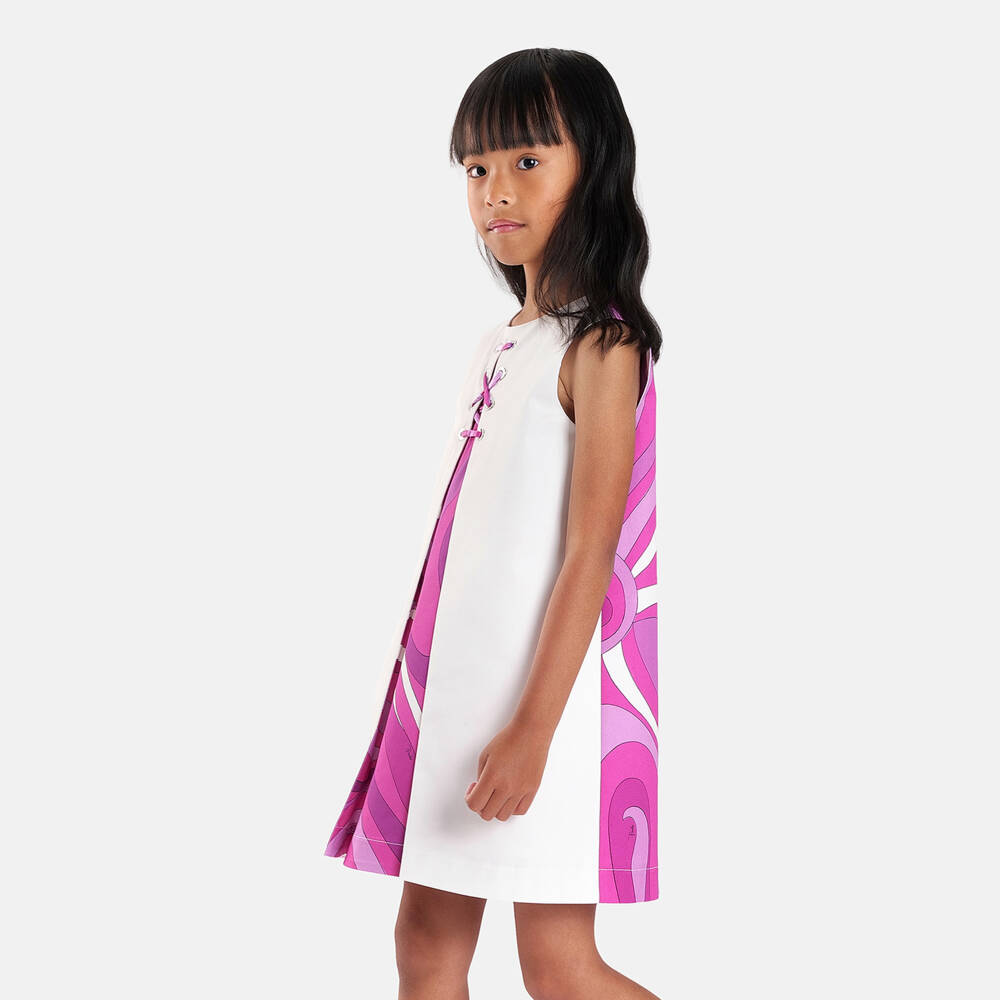 PUCCI-فستان بدون أكمام بطبعة مارمو لون أبيض وزهري للبنات | Childrensalon