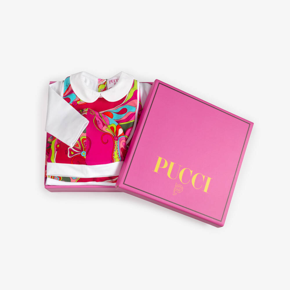 PUCCI-Girls White & Pink Orchidee Print Babysuit Gift Set | Childrensalon