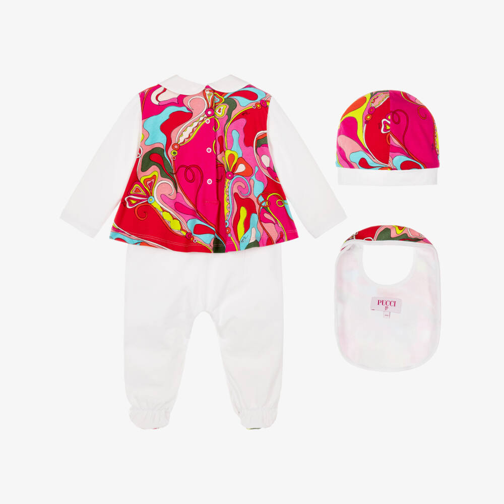 PUCCI-Girls White & Pink Orchidee Print Babysuit Gift Set | Childrensalon