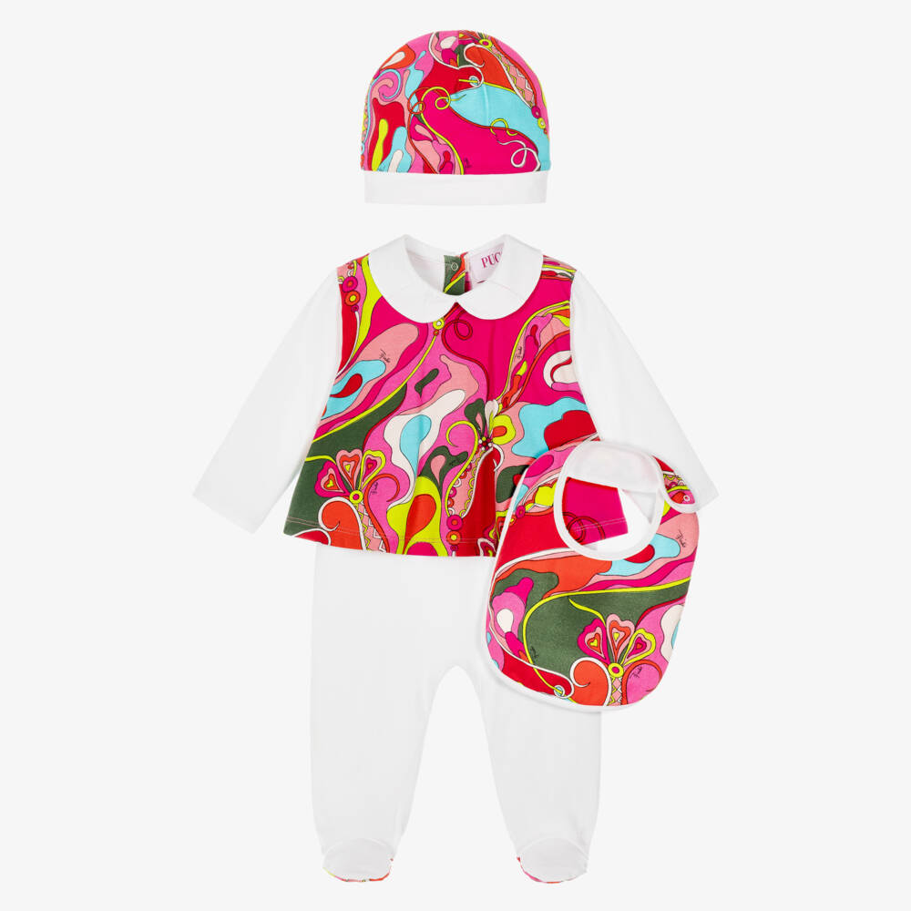 PUCCI-Girls White & Pink Orchidee Print Babysuit Gift Set | Childrensalon