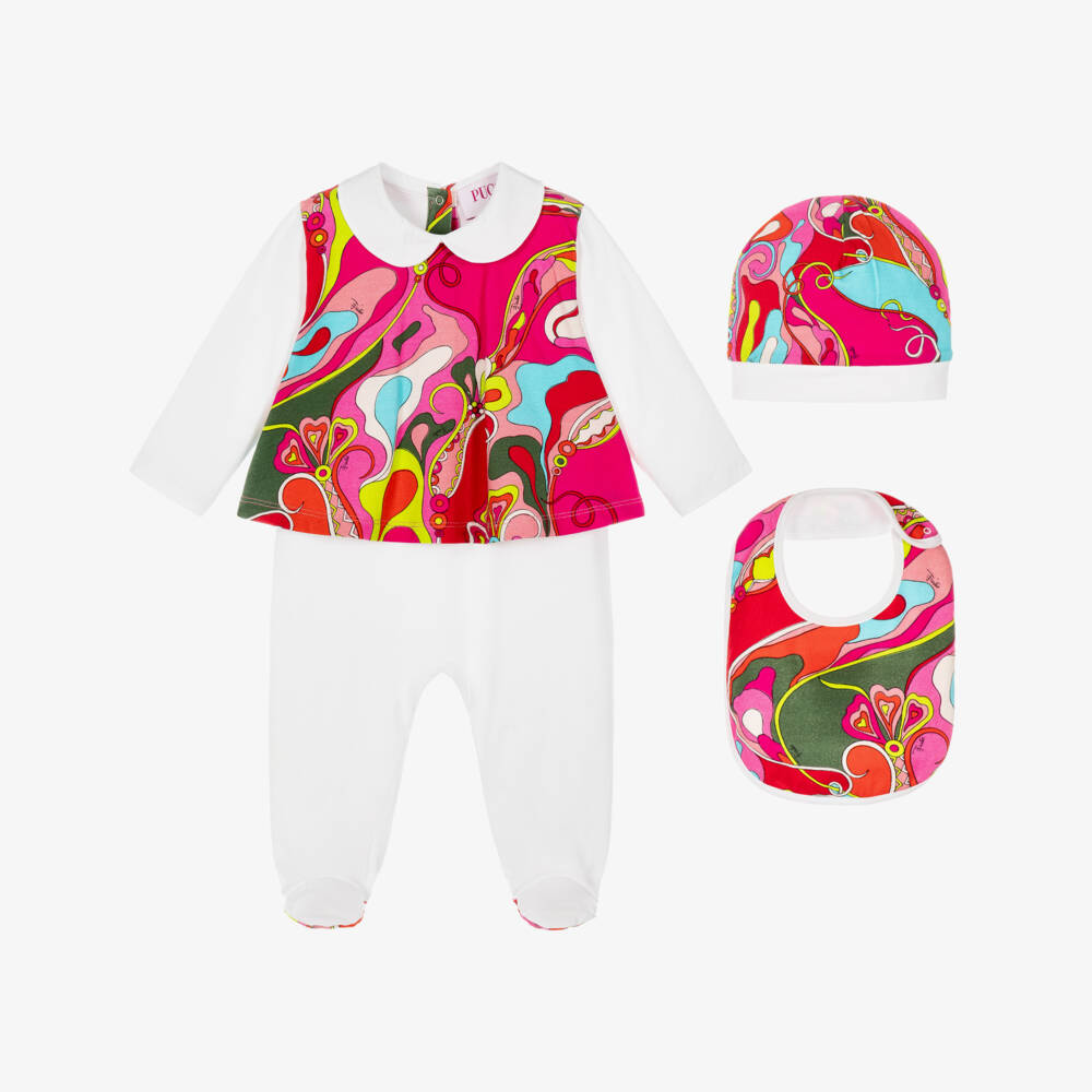 PUCCI-Girls White & Pink Orchidee Print Babysuit Gift Set | Childrensalon