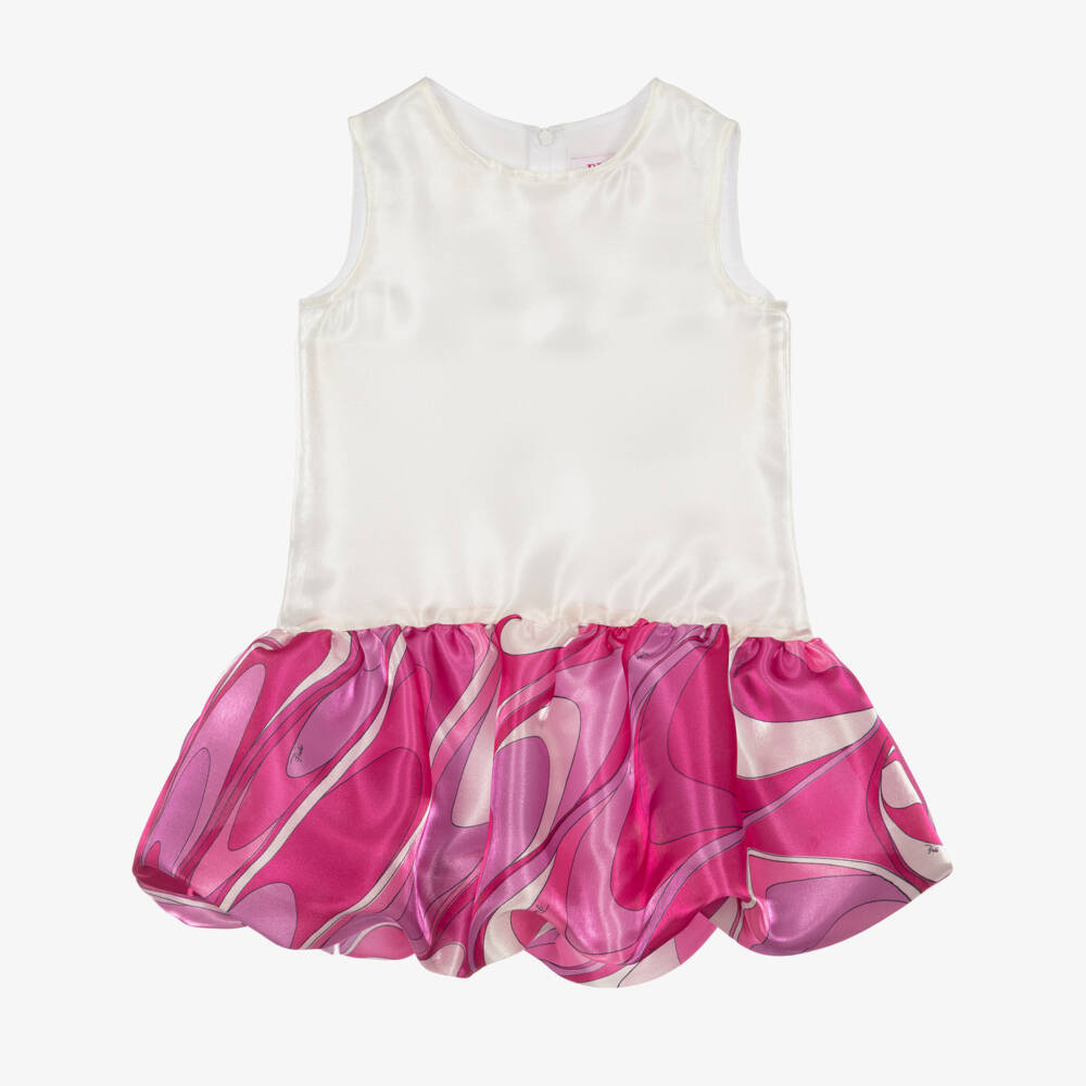PUCCI-Girls White & Pink Satin Marmo Print Dress  | Childrensalon