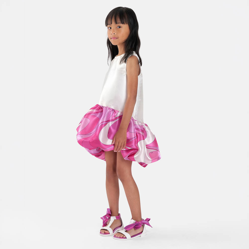 PUCCI-Girls White & Pink Satin Marmo Print Dress | Childrensalon