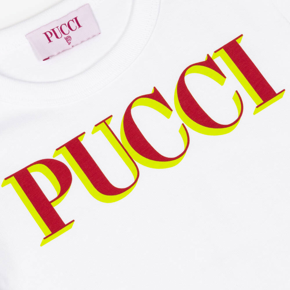 PUCCI-Girls White T-Shirt with Vibrant Logo Print | Childrensalon