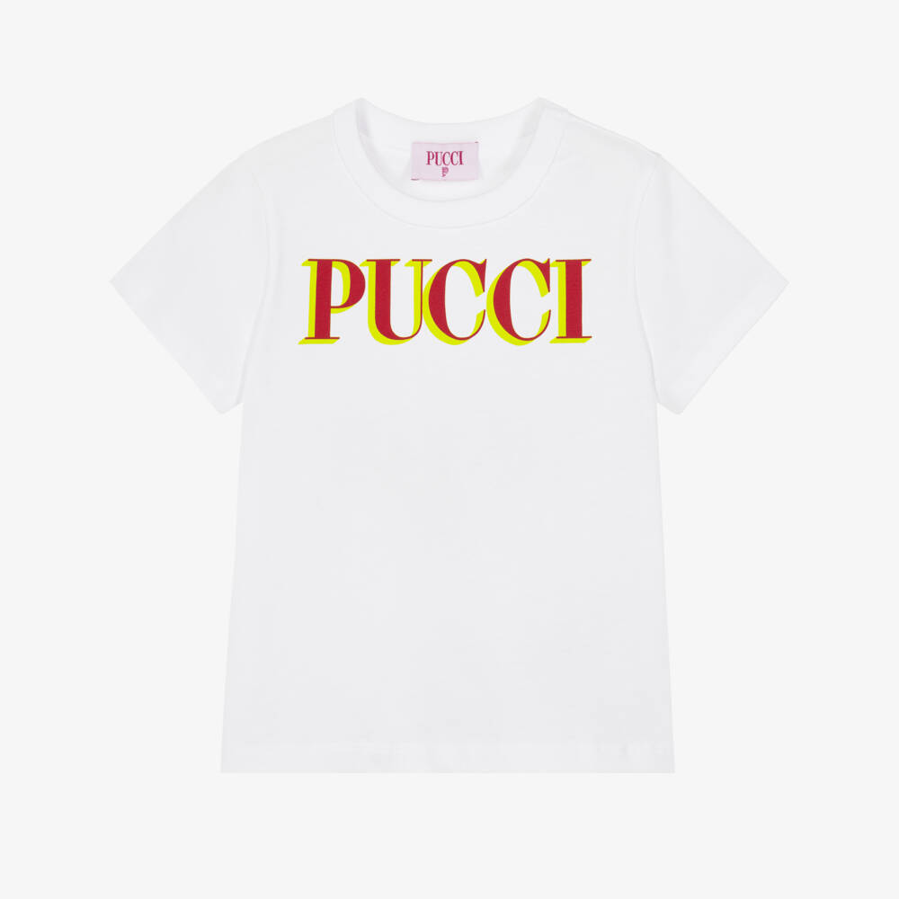 PUCCI-Girls White T-Shirt with Vibrant Logo Print | Childrensalon