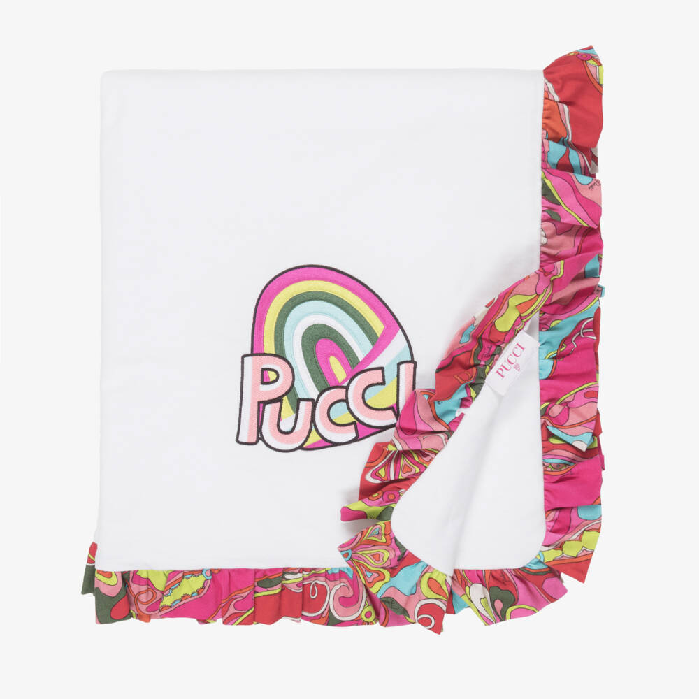 PUCCI-White Padded Blanket with Orchidee Ruffle (90cm) | Childrensalon