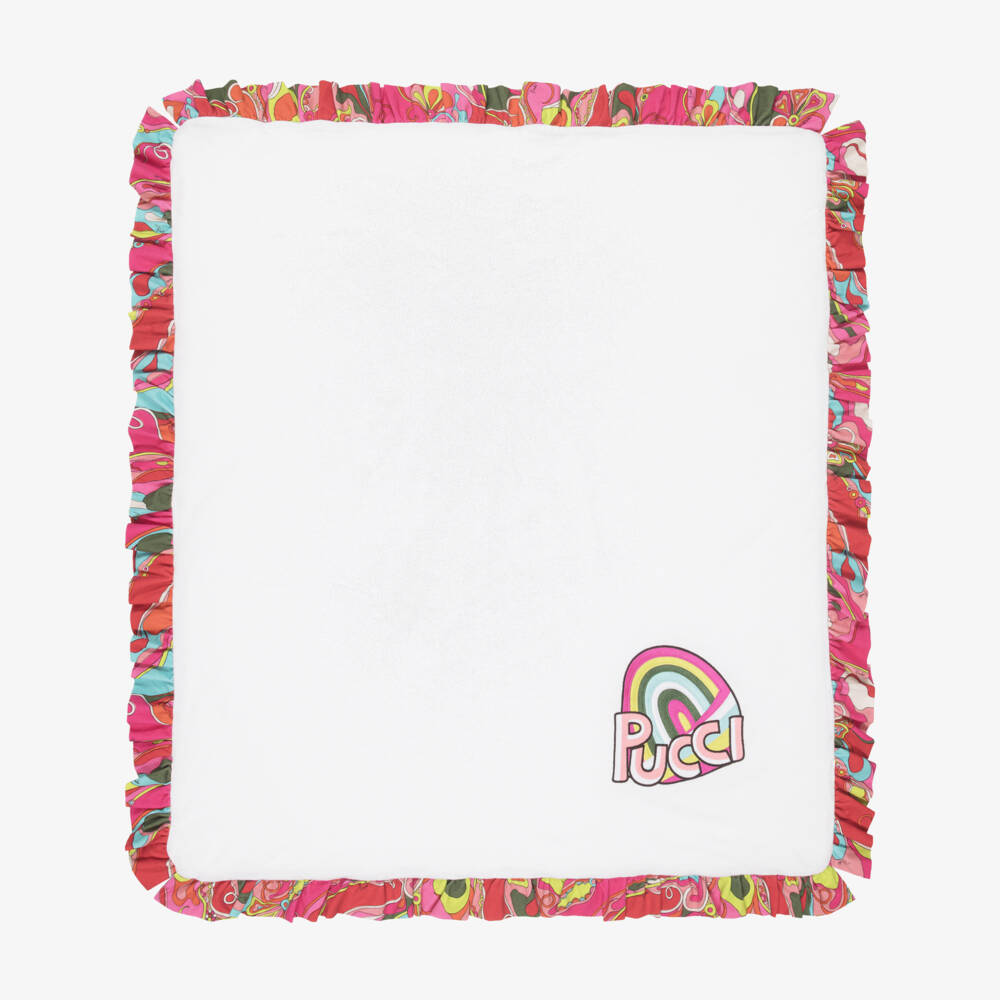 PUCCI-White Padded Blanket with Orchidee Ruffle (90cm) | Childrensalon