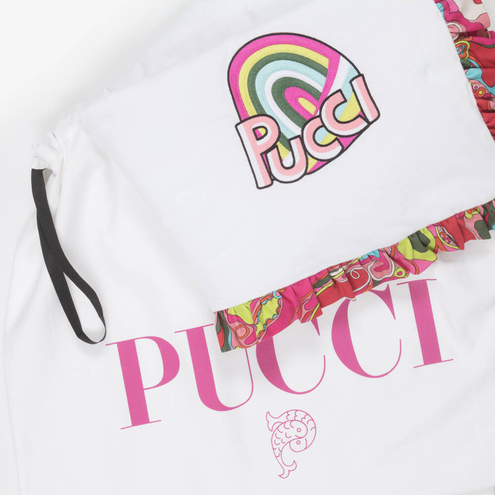 PUCCI-White Padded Blanket with Orchidee Ruffle (90cm) | Childrensalon