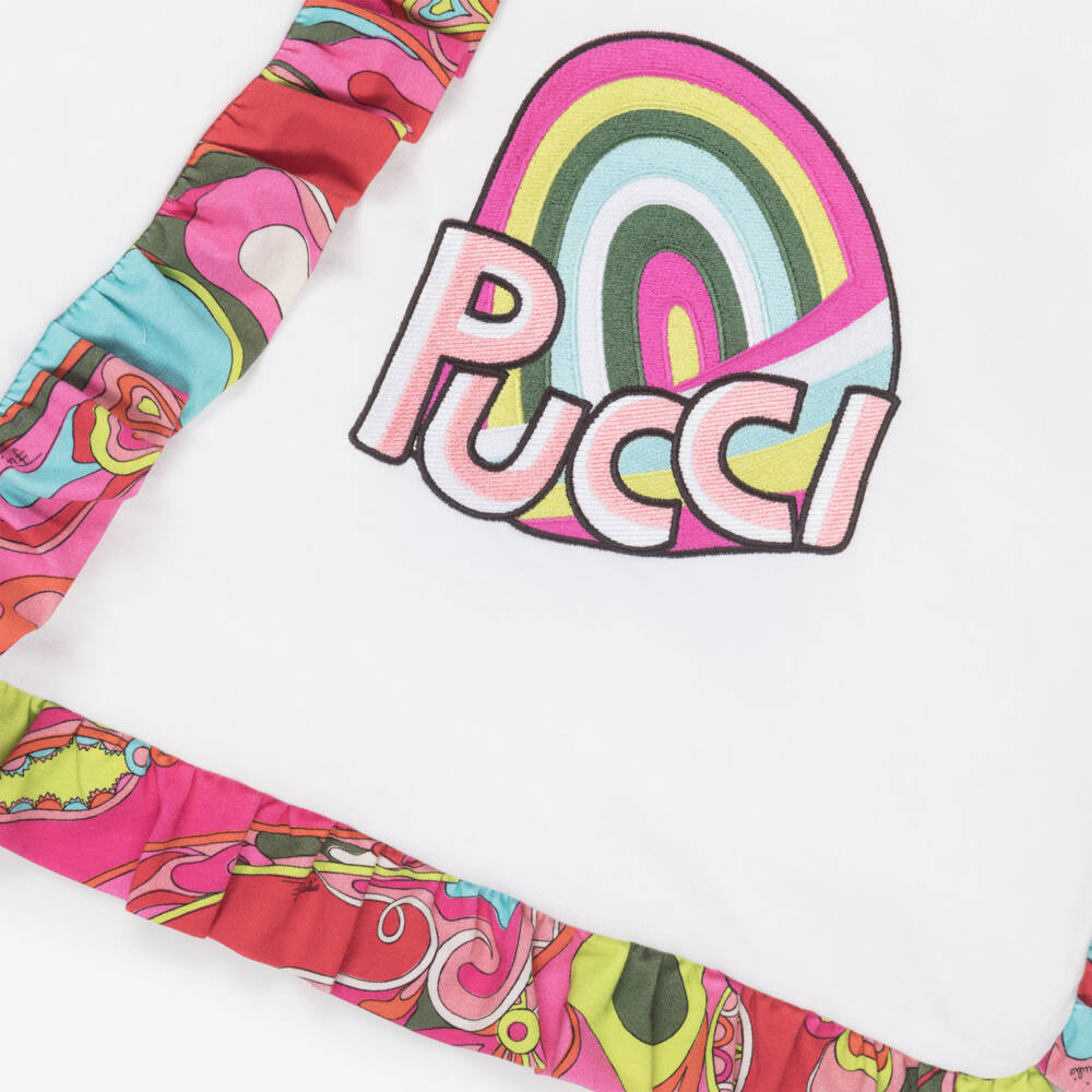 PUCCI-White Padded Blanket with Orchidee Ruffle (90cm) | Childrensalon