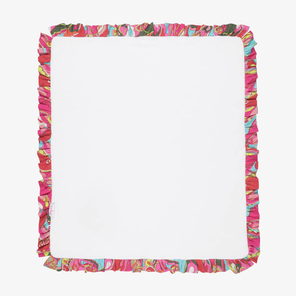 PUCCI-White Padded Blanket with Orchidee Ruffle (90cm) | Childrensalon