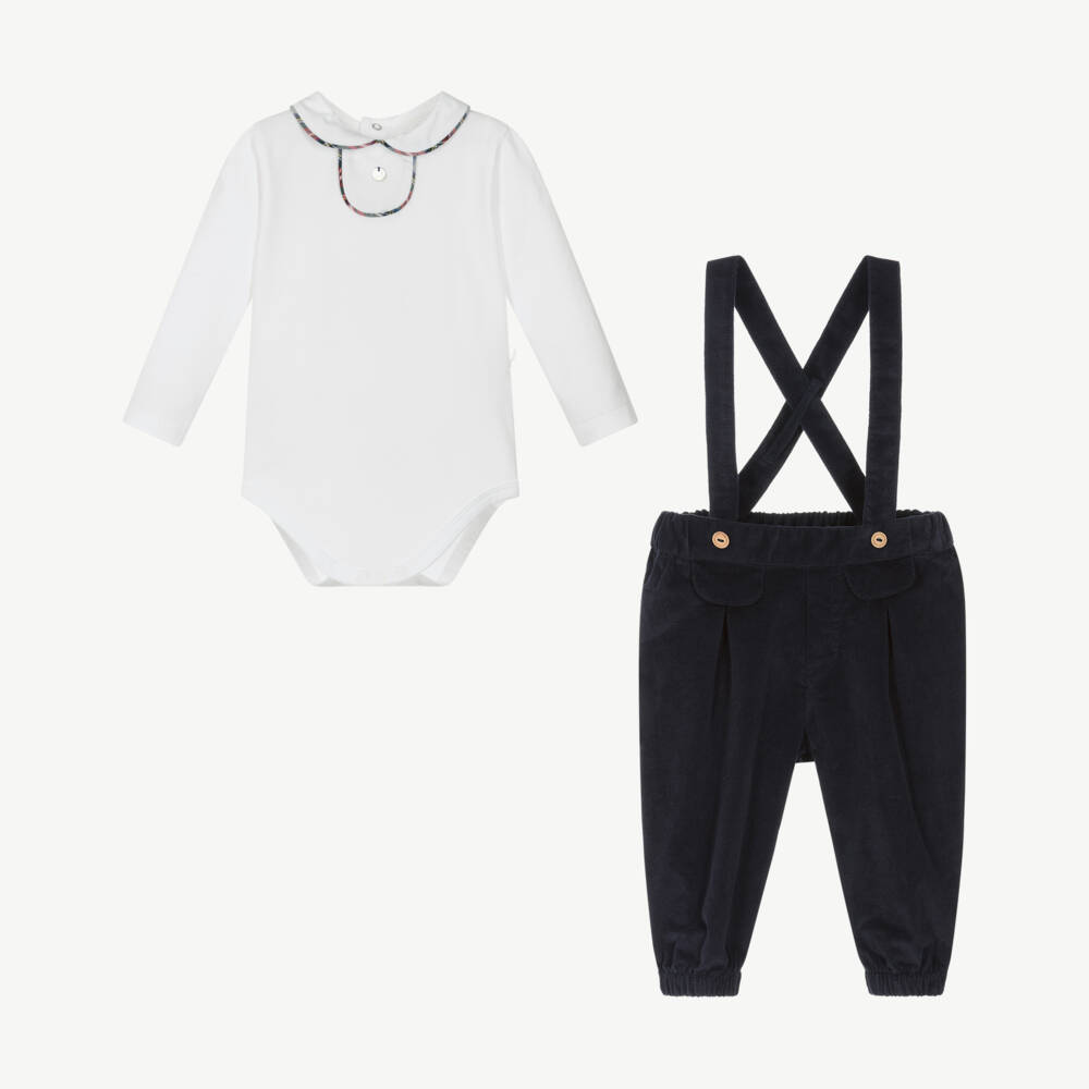 Pureté Du... Bébé-Baby Boys Navy Blue & White Cotton & Corduroy Trouser Set | Childrensalon