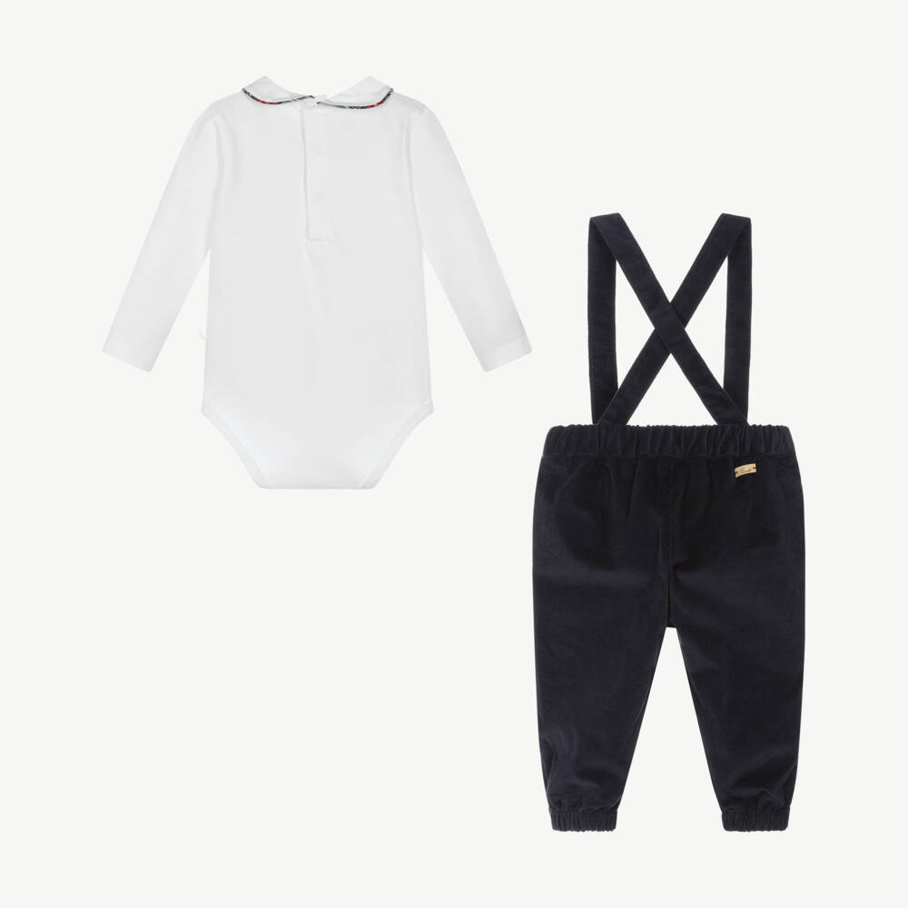 Pureté Du... Bébé-Baby Boys Navy Blue & White Cotton & Corduroy Trouser Set | Childrensalon