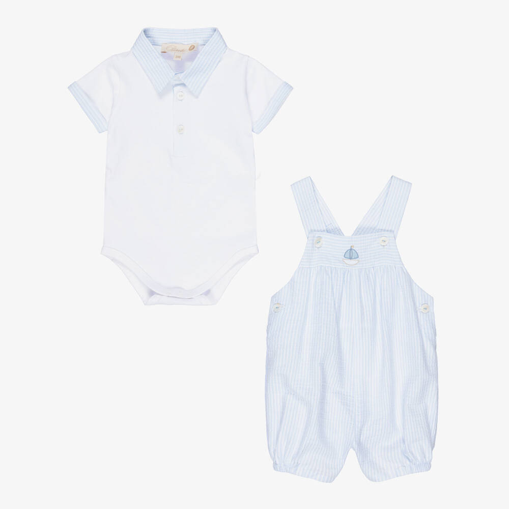 Pureté Du... Bébé-Baby Boys Pale Blue Striped Dungaree Set | Childrensalon