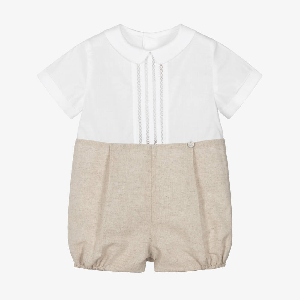 Pureté Du... Bébé-Baby Boys White & Beige Linen Shortie | Childrensalon