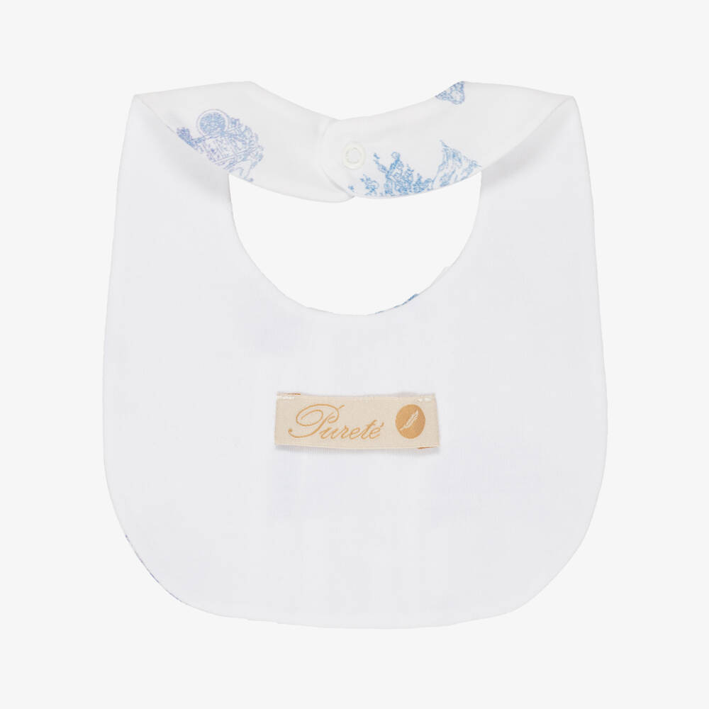 Pureté Du... Bébé-Baby Boys White & Blue Cotton Toile De Jouy Bib | Childrensalon