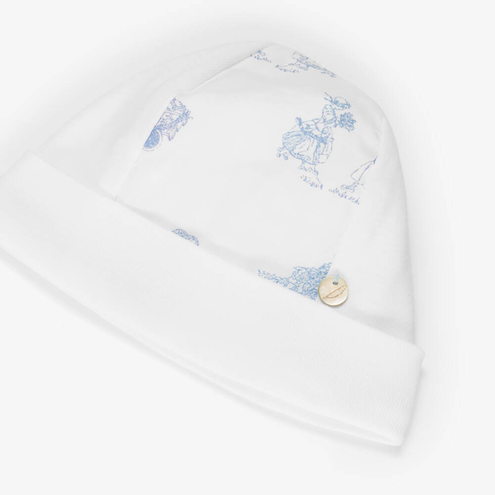 Pureté Du... Bébé-Baby Boys White & Blue Toile De Jouy Cotton Layette Hat | Childrensalon