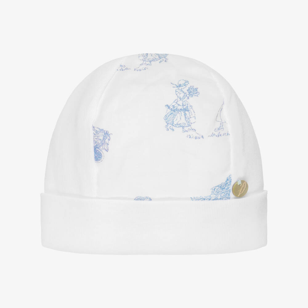 Pureté Du... Bébé-Baby Boys White & Blue Toile De Jouy Layette Hat | Childrensalon
