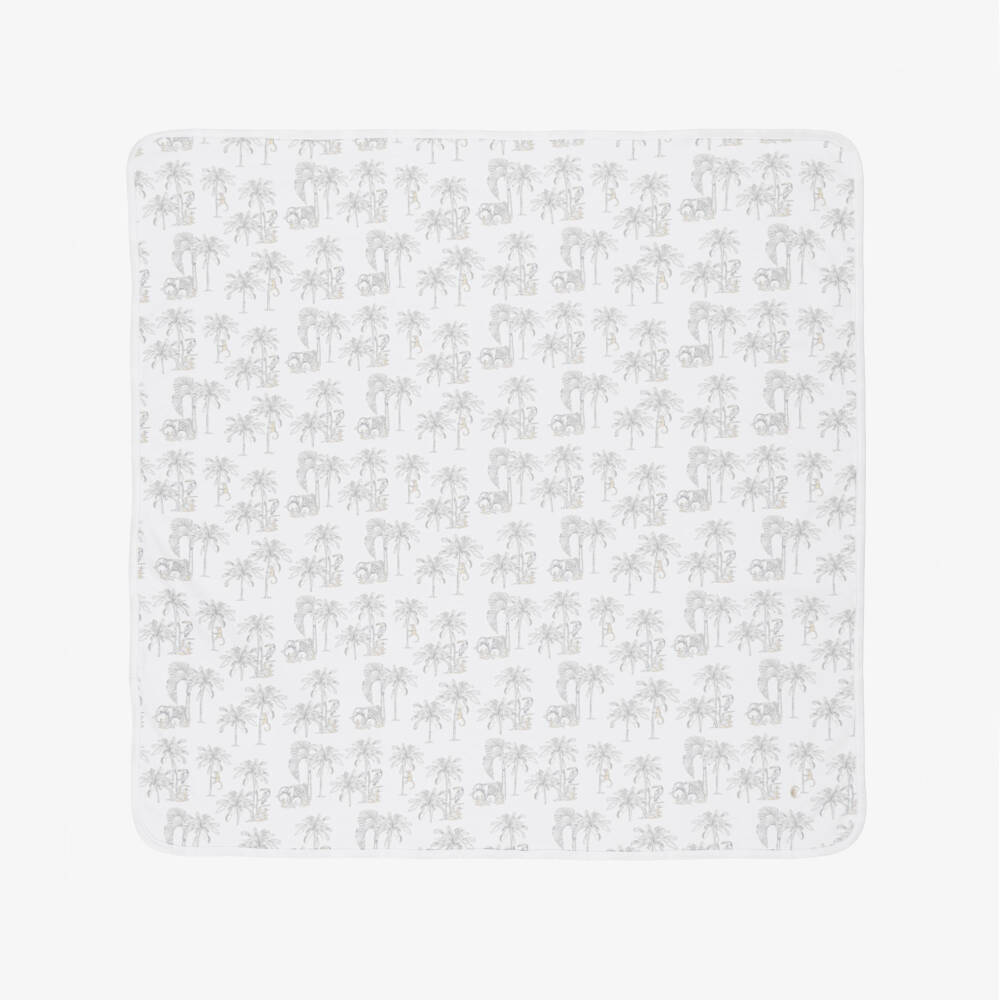 Pureté Du... Bébé-Baby Boys White Cotton Blanket with Grey Jungle Print (73cm) | Childrensalon