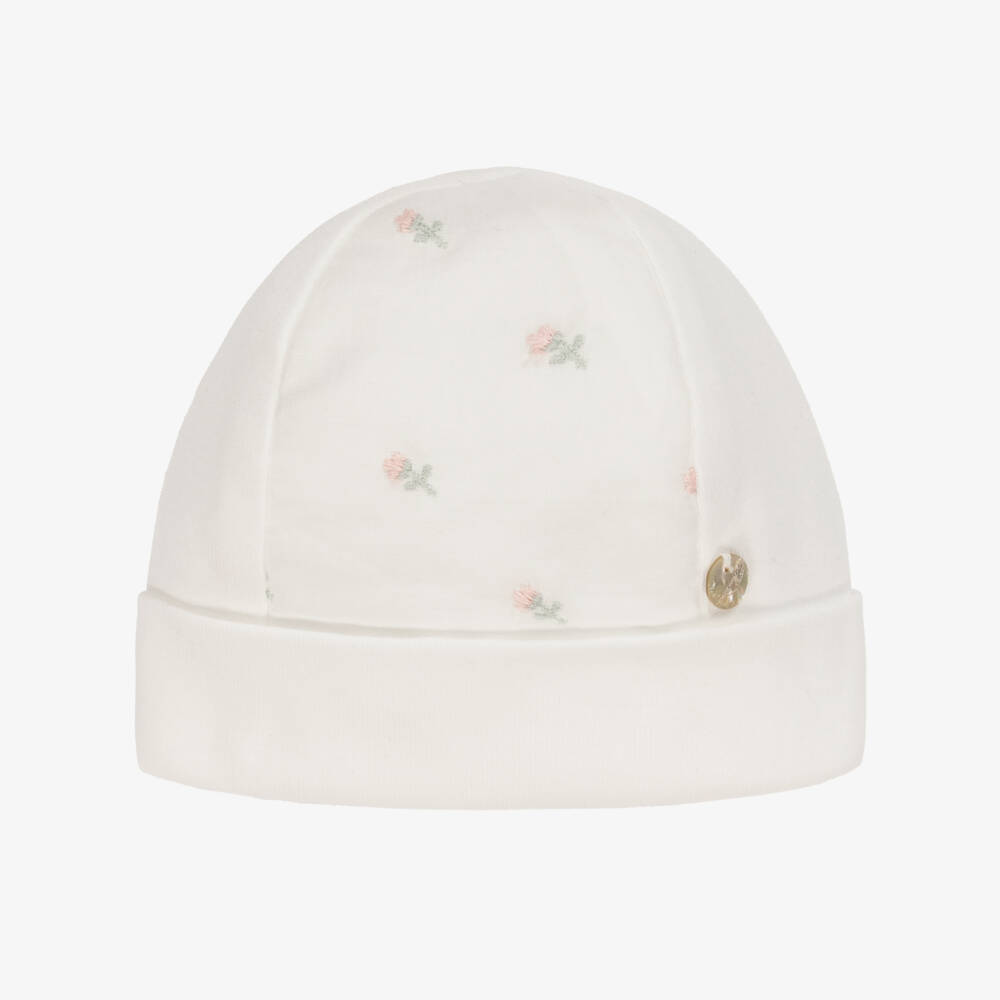Pureté Du... Bébé-Baby Girls Ivory Cotton Floral Embroidered Hat | Childrensalon