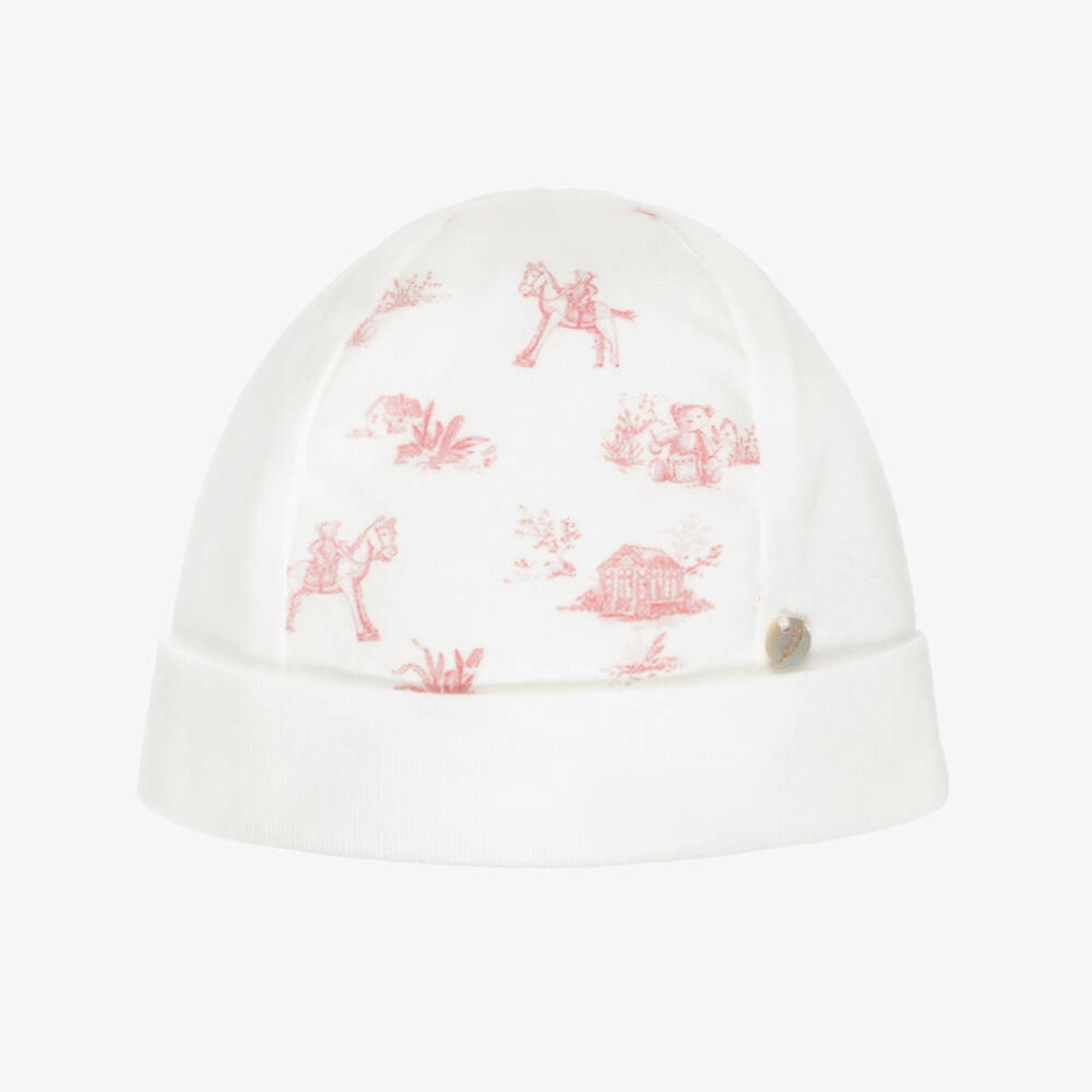 Pureté Du... Bébé-Baby Girls Ivory & Pink Toile De Jouy Layette Hat | Childrensalon