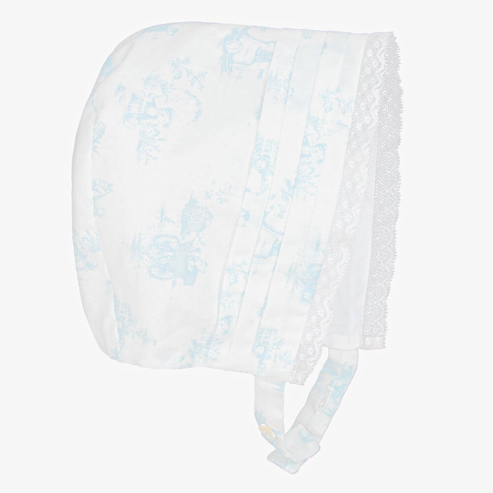 Pureté Du... Bébé-Baby Girls White & Blue Toile De Jouy Cotton Bonnet | Childrensalon